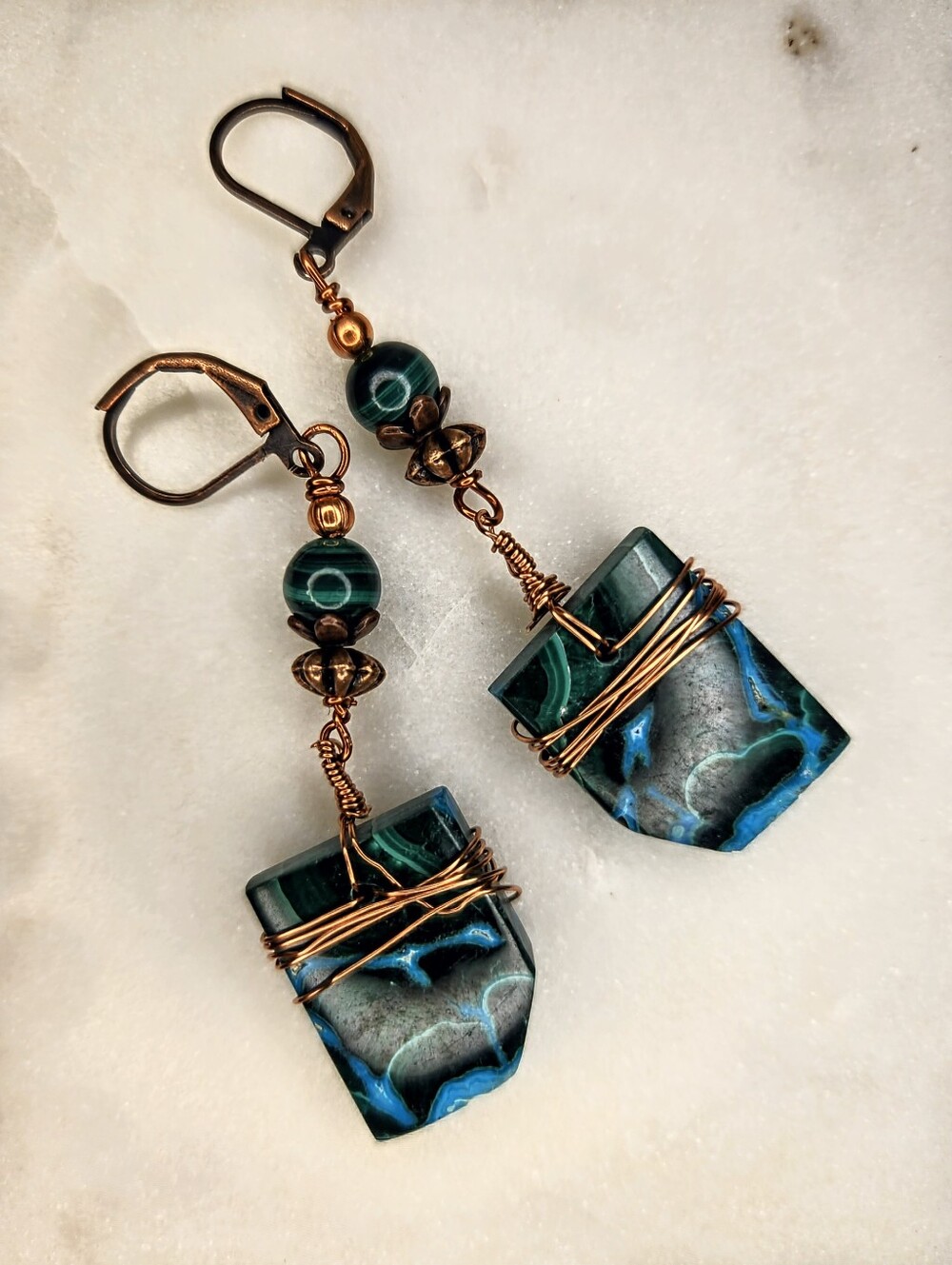 Natural Large Congolese Malachite In Handmade Wired Antique Copper Earrings